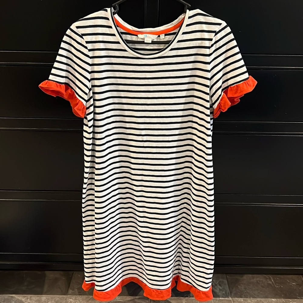 Boden women’s knee length blue and white striped cotton dress with orange sz 10
